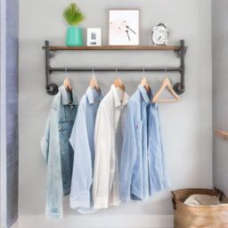 FURNOS Industrial Pipe Wall-Mounted Floating Shelf With Hanging Rail in Brown - thumbnail 3
