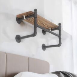 FURNOS Industrial Pipe Wall-Mounted Floating Shelf With Hanging Rail in Brown - thumbnail 1