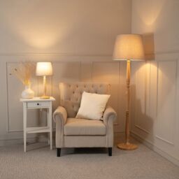 ValueLights Victoria Light Wood Traditional Floor Lamp with Fabric Tapered Shade & Bulb in Grey - thumbnail 4