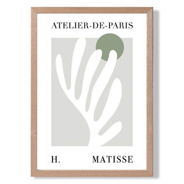 ARTZE Matisse Floral Cutout Sage Green Exhibition Framed Print SIZE: A4 with Oak Frame in Pale Green - image 1