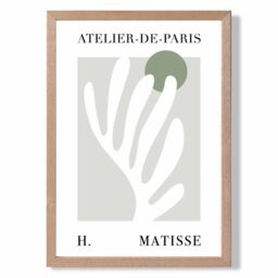 ARTZE Matisse Floral Cutout Sage Green Exhibition Framed Print SIZE: A4 with Oak Frame in Pale Green
