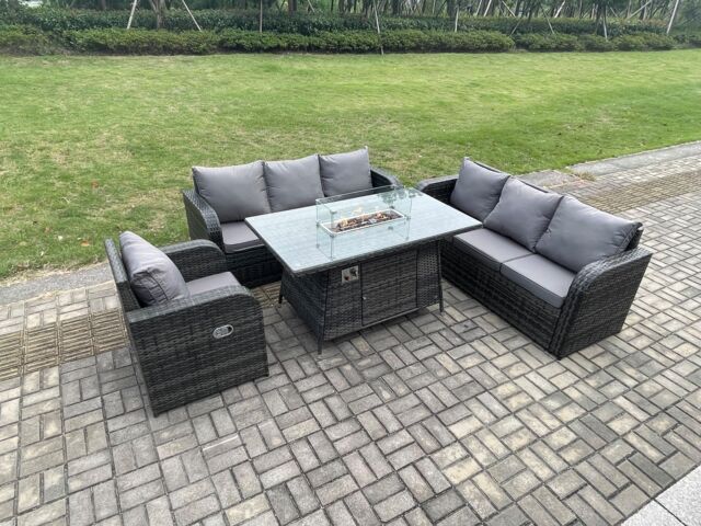 Fimous Rattan Outdoor Furniture Gas Fire Pit Rectangle Dining Table Gas Heater Reclining Chair 3 Seater Sofa Sets 7 Seater in Dark Grey - image 1