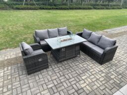 Fimous Rattan Outdoor Furniture Gas Fire Pit Rectangle Dining Table Gas Heater Reclining Chair 3 Seater Sofa Sets 7 Seater in Dark Grey - thumbnail 1