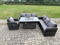 Fimous Rattan Outdoor Furniture Gas Fire Pit Rectangle Dining Table Gas Heater Reclining Chair 3 Seater Sofa Sets 7 Seater in Dark Grey - thumbnail 3