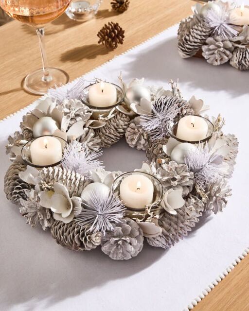 Dibor White Frosted Round Table Centrepiece Christmas Decoration Candle Holders Tealight Holder 30cm - image 1