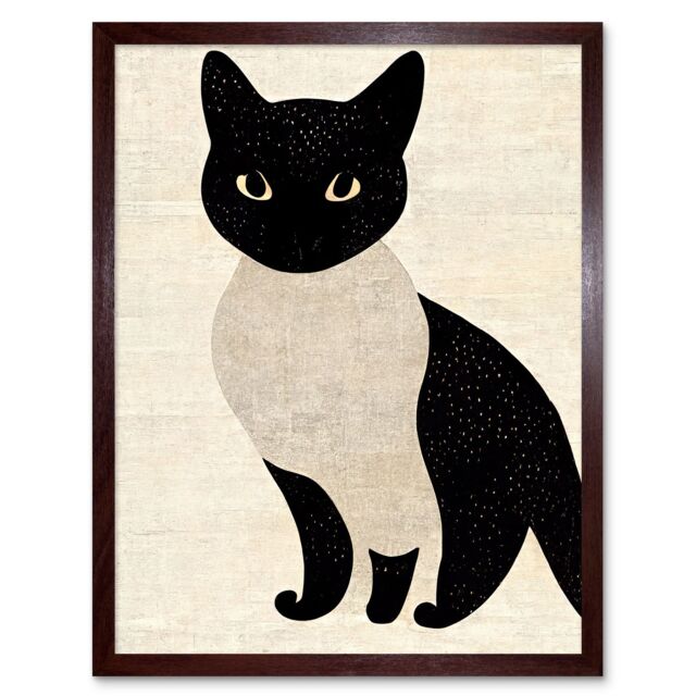 "Artery8 Wall Art Print Woodblock Cute Black & White Cat Japanese Ukiyo-e Art Framed in Brown - Size: W12"" x H16""" - image 1