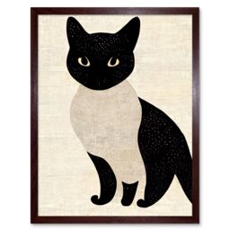 "Artery8 Wall Art Print Woodblock Cute Black & White Cat Japanese Ukiyo-e Art Framed in Brown - Size: W12"" x H16""" - thumbnail 1