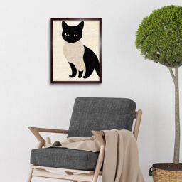 "Artery8 Wall Art Print Woodblock Cute Black & White Cat Japanese Ukiyo-e Art Framed in Brown - Size: W12"" x H16""" - thumbnail 2