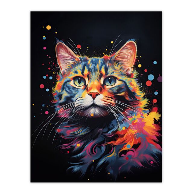 "Artery8 Wall Art Print Tabby Cat Lover Gift Pet Portrait Blue Pink Orange on Black Artwork Painting Poster - Size: W18"" x H24""" - image 1