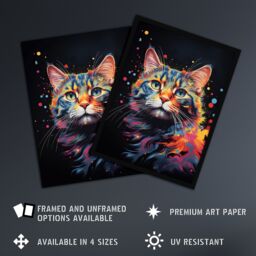 "Artery8 Wall Art Print Tabby Cat Lover Gift Pet Portrait Blue Pink Orange on Black Artwork Painting Poster - Size: W18"" x H24""" - thumbnail 2