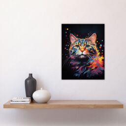 "Artery8 Wall Art Print Tabby Cat Lover Gift Pet Portrait Blue Pink Orange on Black Artwork Painting Poster - Size: W18"" x H24""" - thumbnail 4