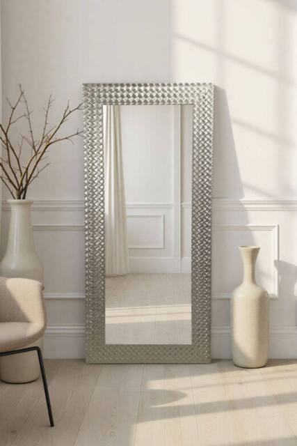 Yearn Mirrors Hammered Tall Silver Framed Bevelled Mirror in Metallic Silver - image 1