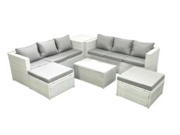 Fimous Garden Outdoor PE Rattan Furniture Set 8 Seater Rattan Garden Sofa Set with 2 Big Footstools Side Table Light Grey Mixed - thumbnail 2