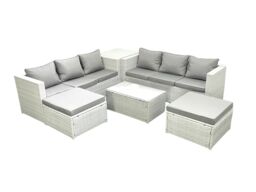 Fimous Garden Outdoor PE Rattan Furniture Set 8 Seater Rattan Garden Sofa Set with 2 Big Footstools Side Table Light Grey Mixed - thumbnail 1