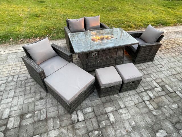 Fimous 7 Seater Outdoor Rattan Sofa Set Garden Furniture Gas Firepit Dining Table Heater with 3 Footstools in Dark Grey