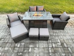 Fimous 7 Seater Outdoor Rattan Sofa Set Garden Furniture Gas Firepit Dining Table Heater with 3 Footstools in Dark Grey - thumbnail 2