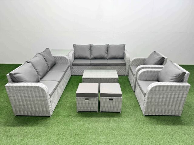 Fimous PE Rattan High Back Lounge Sofa Set Patio Coffee Table & Chairs Set with 3 Seater Sofa Reclining Chair Stools Side Table Light Grey - image 1