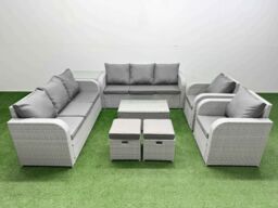 Fimous PE Rattan High Back Lounge Sofa Set Patio Coffee Table & Chairs Set with 3 Seater Sofa Reclining Chair Stools Side Table Light Grey - thumbnail 1
