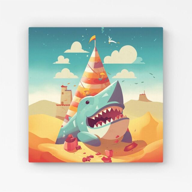 "Warren Reed - Designer Shark On A Beach Holiday Canvas in Yellow - Size: W30"" x H30""" - image 1