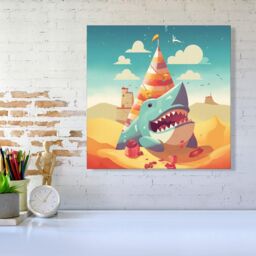 "Warren Reed - Designer Shark On A Beach Holiday Canvas in Yellow - Size: W30"" x H30""" - thumbnail 2