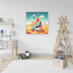 "Warren Reed - Designer Shark On A Beach Holiday Canvas in Yellow - Size: W30"" x H30""" - thumbnail 3