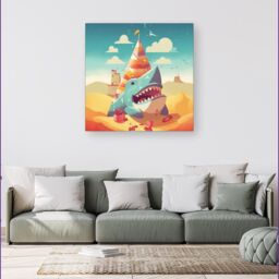 "Warren Reed - Designer Shark On A Beach Holiday Canvas in Yellow - Size: W30"" x H30""" - thumbnail 4