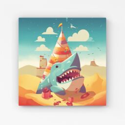 "Warren Reed - Designer Shark On A Beach Holiday Canvas in Yellow - Size: W30"" x H30""" - thumbnail 1
