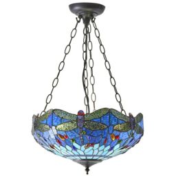 Loops Tiffany Glass Hanging Ceiling Pendant Light Blue Dragonfly 3 Lamp Shade i00108 in Clear