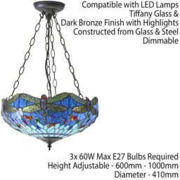 Loops Tiffany Glass Hanging Ceiling Pendant Light Blue Dragonfly 3 Lamp Shade i00108 in Clear - thumbnail 2