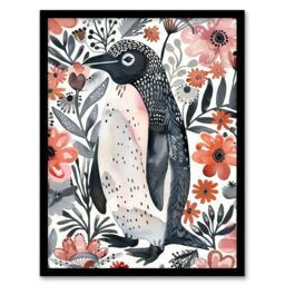 Artery8 Penguin with Pink Flowers Watercolour Folk Art Framed Wall Art - Size: A4 - thumbnail 1