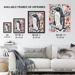 Artery8 Penguin with Pink Flowers Watercolour Folk Art Framed Wall Art - Size: A4 - thumbnail 3