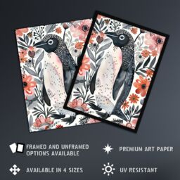 Artery8 Penguin with Pink Flowers Watercolour Folk Art Framed Wall Art - Size: A4 - thumbnail 2
