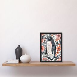 Artery8 Penguin with Pink Flowers Watercolour Folk Art Framed Wall Art - Size: A4 - thumbnail 4