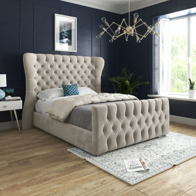 KDMD Parma Wide Curved Winged Upholstered Soft Velvet Cream Bed Frame - Size: Double - image 1