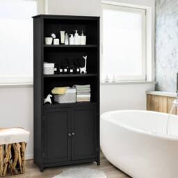 Costway Wooden Tall Bookcase 3-Tier Shelving Storage Cabinet 2 Doors Display Organizer in Black - thumbnail 4