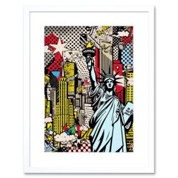 "Artery8 Wall Art Print New York City Skyline Statue of Liberty Pop Art Comic Book Style American Dream Artwork Framed 9X7 Inch - Size: W7"" x H9""" - thumbnail 1