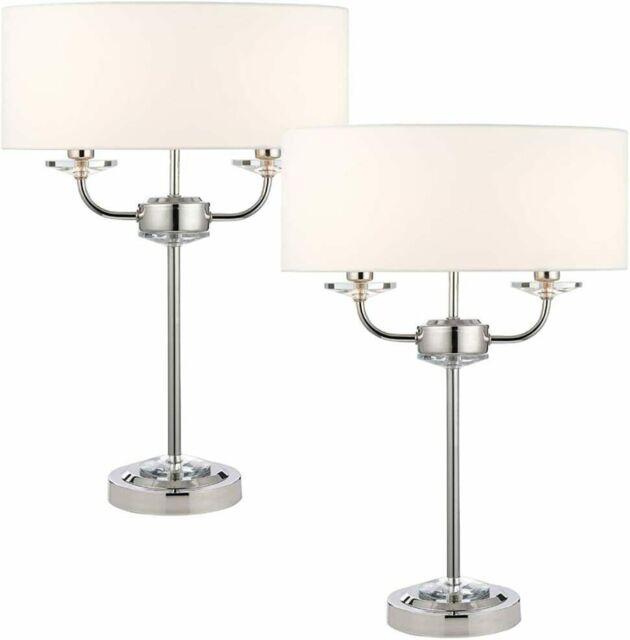 Loops 2 PACK Twin Light Table Lamp Bright Nickel & White Shade Crystal Trim Bedside in Metallics - image 1