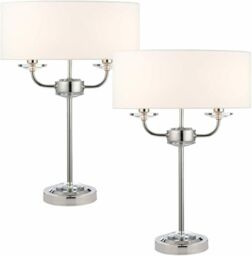 Loops 2 PACK Twin Light Table Lamp Bright Nickel & White Shade Crystal Trim Bedside in Metallics