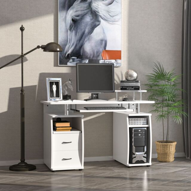 HOMCOM Computer Office Desk Table Workstation w/ Keyboard Tray, Drawer in White - image 1