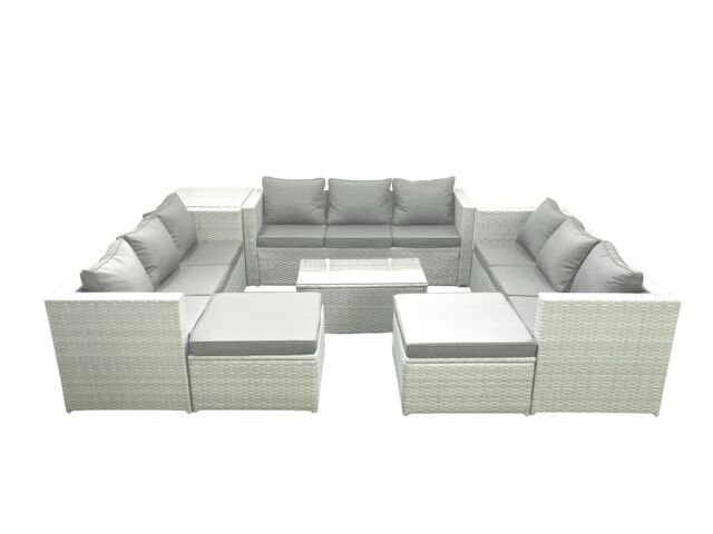Fimous Rattan Garden Outdoor Furniture Set 11 Seater Garden Sofa Coffee Table Set with 2 Big Footstools Side Table Light Grey Mixed - image 1