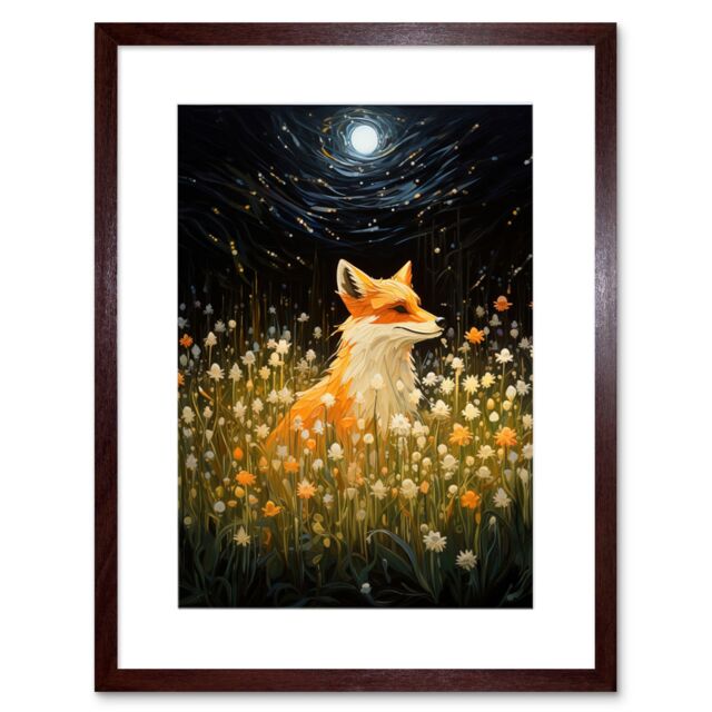 Artery8 Wall Art Print Watching the Fireflies Dance Happy Fox over a Wildflower Meadow Oil Painting Orange White Blue Full Moon Spring Night Dreamy - image 1