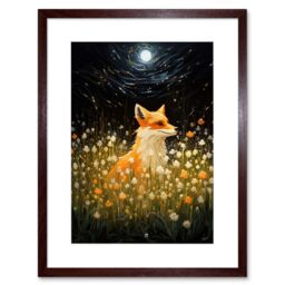 Artery8 Wall Art Print Watching the Fireflies Dance Happy Fox over a Wildflower Meadow Oil Painting Orange White Blue Full Moon Spring Night Dreamy - thumbnail 1