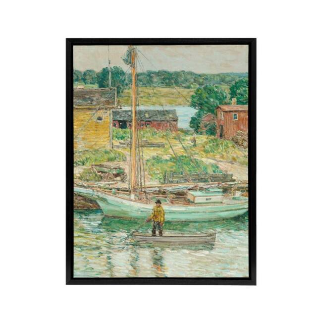 "Artery8 Oyster Sloop Sailboat in Cos Cob Harbour Hassam Framed Canvas Wall Art - Size: W12"" x H16""" - image 1