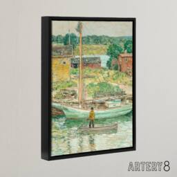 "Artery8 Oyster Sloop Sailboat in Cos Cob Harbour Hassam Framed Canvas Wall Art - Size: W12"" x H16""" - thumbnail 2