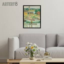 "Artery8 Oyster Sloop Sailboat in Cos Cob Harbour Hassam Framed Canvas Wall Art - Size: W12"" x H16""" - thumbnail 3