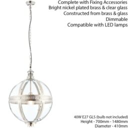 Loops Hanging Ceiling Pendant Light Nickel & Clear Glass Vintage Lamp Bulb Orb Shade in Metallics - thumbnail 2
