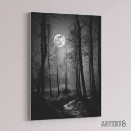 "Artery8 Full Moon Over Misty Forest Landscape Canvas Wall Art Print in Grey - Size: W18"" x H24""" - thumbnail 2