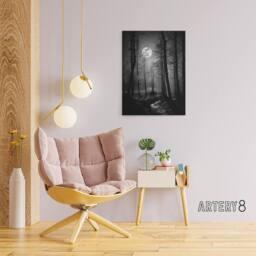 "Artery8 Full Moon Over Misty Forest Landscape Canvas Wall Art Print in Grey - Size: W18"" x H24""" - thumbnail 3