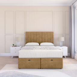 Sloomy Manhattan Plush Fabric Ottoman Bed End Opening With Sprung Memory Mattress & 26 Inch strut Headboard in Light Brown - Size: Small Single - thumbnail 2