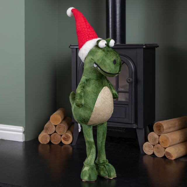 Samuel Alexander 70cm Tall Plush Santa-Saurus Dino Standing Decoration with Santa Hat in Green - image 1